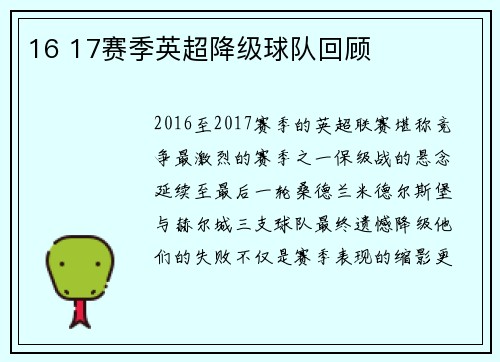 16 17赛季英超降级球队回顾
